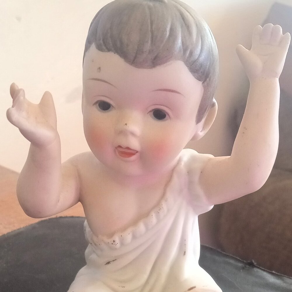 KPM Bisque Porcelain 4.5" Piano Baby Boy Figurine Brown Hair Blue Eyes Germany